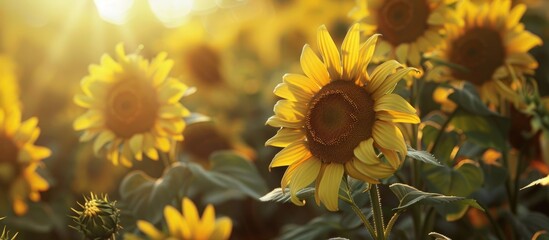 Wall Mural - Sunflowers in the garden Helianthus featuring natural bokeh and selective focus. with copy space image. Place for adding text or design