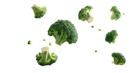 falling broccoli isolated on transparent background, fresh vegetable in motion