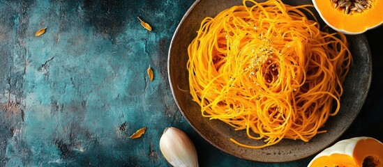 Fototapete - Butternut squash vegetarian noodles on a rustic backdrop copy space