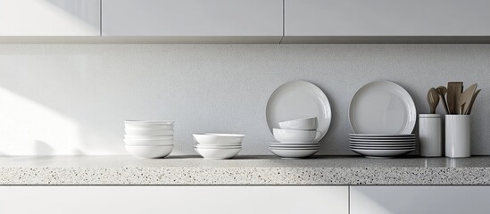 Fototapete - Clean dishes on a white kitchen interior with a granite countertop with no one present. with copy space image. Place for adding text or design