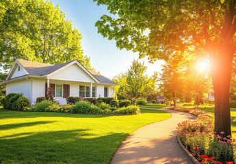 Wall Mural - A beautiful home with a lush green lawn and perfectly manicured landscaping, featuring an inviting front yard path leading to the entrance of the house