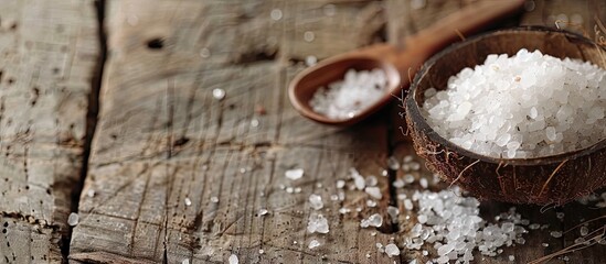 Leinwandbilder - Sea salt in a coconut shell and a wooden spoon on a weathered wooden surface with copy space for text