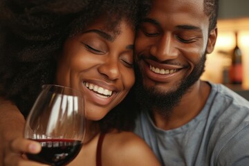 Wall Mural - Happy black couple celebrating drink embracing drinking.