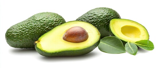 Aufkleber - Fresh organic ripe green whole and sliced Fuerte avocado with leaves copyspace close up isolated on a white background