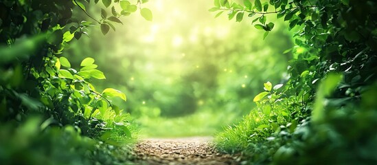 Fototapete - Pathway among green branches with motion blur. with copy space image. Place for adding text or design