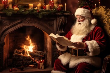 Poster - Santa reading by fireplace