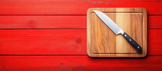 Poster - Empty cutting board and knife on a red wooden table for showcasing products Top view. with copy space image. Place for adding text or design