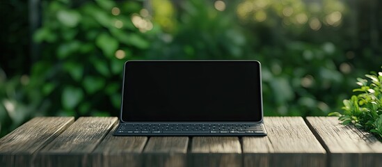 Poster - Black tablet with a keyboard placed on a wooden gardening table. with copy space image. Place for adding text or design