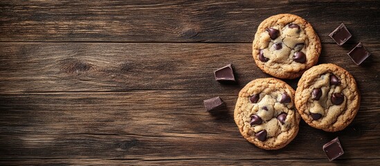 Fototapete - Crispy Milk Chocolate Chip Cookies serve as a tasty snack set against a wooden background with copy space