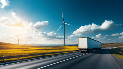 Wall Mural - A massive wind turbine blade being transported through a scenic landscape, symbolizing the global shift towards renewable energy.