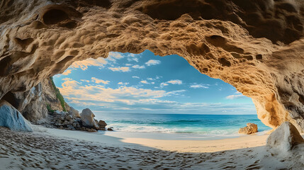 a beach cave with an opening overlooking the expansive ocean