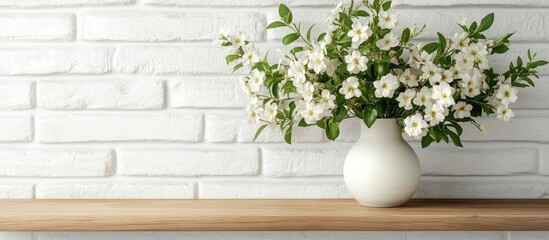 Aufkleber - Wooden shelf featuring a vase with a lovely bouquet of jasmine flowers on a white brick wall providing space for text. with copy space image. Place for adding text or design