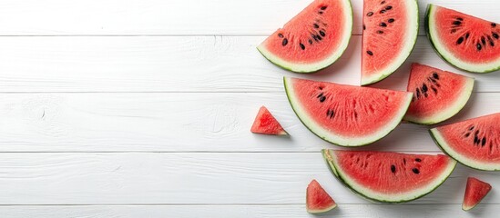Fototapete - Watermelon Slices on a White Wooden Background. with copy space image. Place for adding text or design