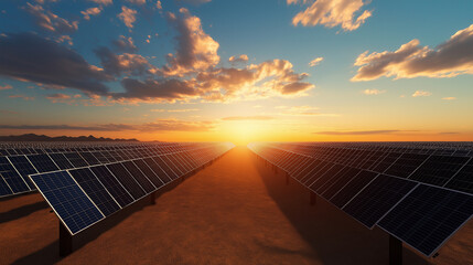 Poster - A vast desert landscape transformed by rows of solar panels, generating clean energy under the bright, relentless sun.