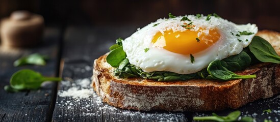 Poster - Breakfast Toasted bread topped with spinach a poached egg and Parmesan cheese Set against a black wooden background Copy space