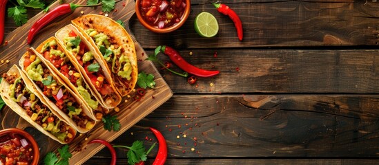 Poster - Flat lay arrangement featuring tasty tacos on a wooden table with room for text. with copy space image. Place for adding text or design