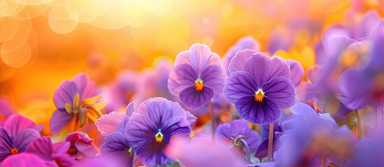Poster - Beautiful violet flower against a yellow background toned image Natural spring art backdrop Selective focus Macro shot Copy space