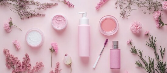 Poster - Framed cosmetic products and hygiene items on a pink background Beauty backdrop The idea of face and body care Copy space flat lay vertical image