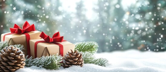 Poster - Christmas gifts and snow covered cones with blank space for text. with copy space image. Place for adding text or design