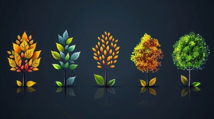 Five seasons of trees illustrated with vibrant colors showcasing seasonal transformations in nature. Generative AI