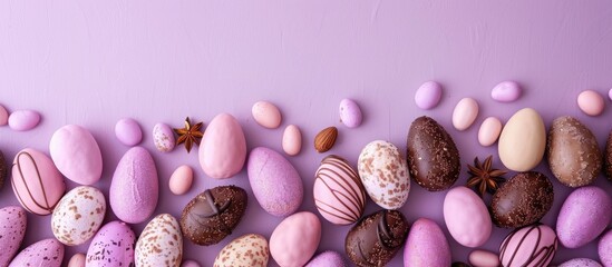 Aufkleber - Tasty chocolate eggs on a purple backdrop. with copy space image. Place for adding text or design