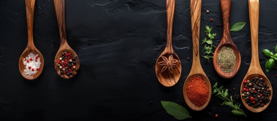 Fototapete - Wooden spoons alongside different spices on a black background. with copy space image. Place for adding text or design