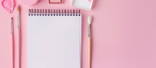 Poster - A tidy white notebook and brushes on a pink backdrop with room for a copy Layout mockup area for text and drawing Top view