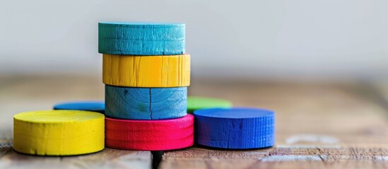 Aufkleber - A variety of wooden shapes and colors stacked together Isolated on a white background with a slightly out of focus close up shot Copyspace