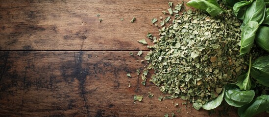 Leinwandbilder - Heap of Dried Basil Flakes on a Rustic Wooden Background with Copy Space