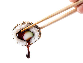 Wall Mural - Delicious sushi roll with fresh ingredients, dripping soy sauce, held by chopsticks, cut out