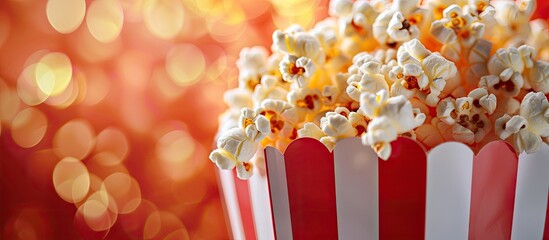 Poster - Popcorn in a red and white striped cardboard bucket set against a white background. with copy space image. Place for adding text or design