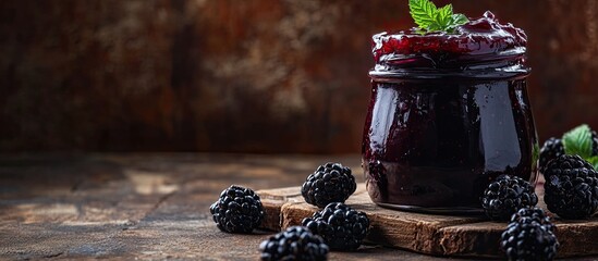 Fototapete - Blackberry jam freshly made blackberry jam area for text. with copy space image. Place for adding text or design