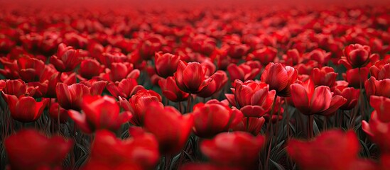 Poster - A ground filled with blooming red Pamplona Tulips. with copy space image. Place for adding text or design