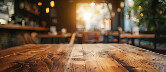 Aufkleber - Selected focus on an empty brown wooden table with a blurred background of a coffee shop or restaurant featuring bokeh effect suitable for your photomontage or product display. with copy space image