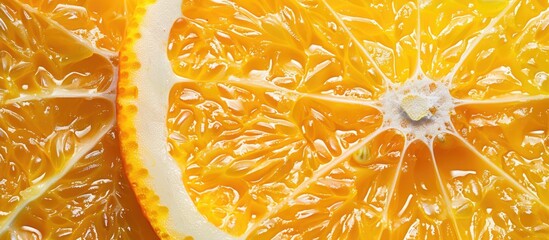 Poster - Two halves of an orange arranged flat Closeup showing orange and yellow pulp White background featuring isolated copy space for text