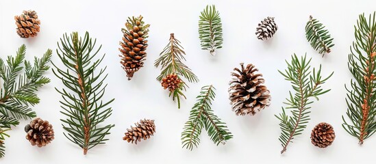 Hello winter greeting card featuring fir tree branches cones and festive decorations on a white background flat lay. with copy space image. Place for adding text or design