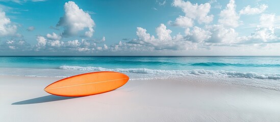 Poster - Surfboard on a white sandy beach without any people present Selective focus copyspace available Concept of summer activities water sports and an active lifestyle