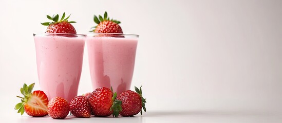 Aufkleber - Two glasses of fresh Korean strawberry milk topped with homemade strawberry compote sauce set against a white background with copy space for text