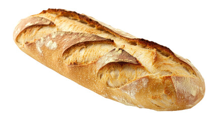 Freshly baked baguette, long French bread, isolated on transparent background, artisan bakery