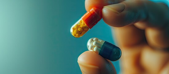 Wall Mural - Doctor prescribing colored pills medication pandemic health and wellness theme selective focus. with copy space image. Place for adding text or design