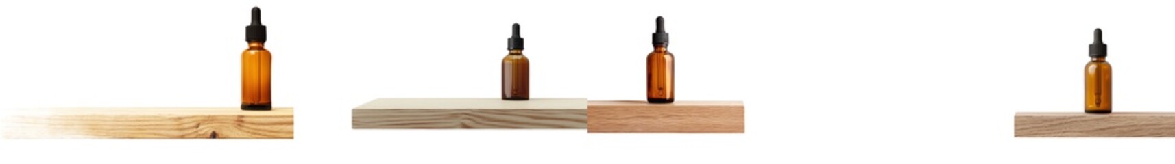 A dropper bottle of supplement oil on a wooden shelf with a transparent background