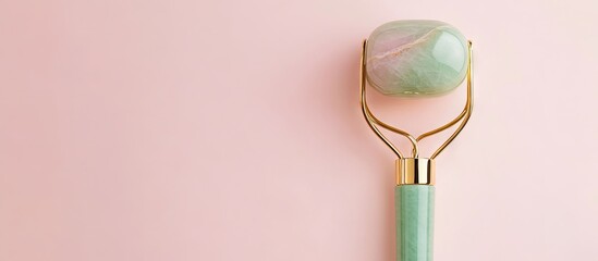 Poster - Jade stone roller crafted from pink quartz a natural tool for lymphatic drainage facial massage on a pink background Copy space close up Beauty and body care