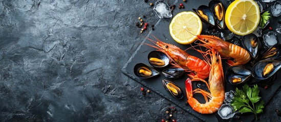 Aufkleber - Prepared for cooking dinner seafood shrimp and mussels on ice on a cutting slate board accompanied by lemon and seasonings Top view copy space
