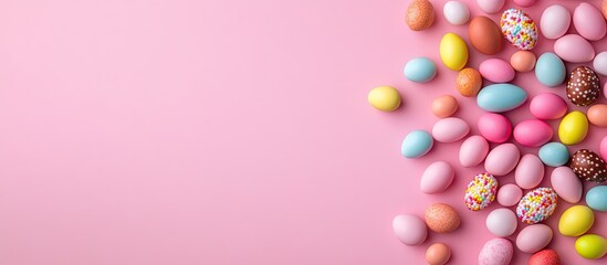 Poster - Happy Easter theme The inscription HAPPY EASTER features letters made of candy chocolate eggs and jellybean treats set against a stylish pastel pink background Simple minimalism flat lay top view cop