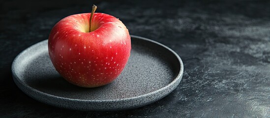 Fresh sweet single apple on a grey plate against a dark black textured background viewed from an angle. with copy space image. Place for adding text or design