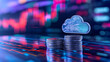 © Maksym - Coins stacked beneath a floating cloud icon, set against a background of virtual data streams and technology elements, highlighting the rising costs of cloud services.