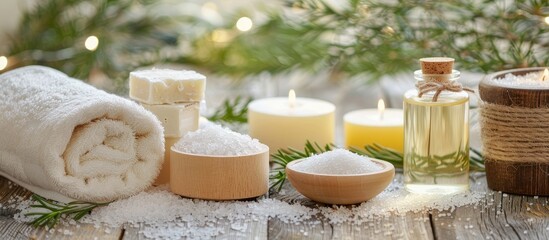 Poster - All White Spa and Bath Image Towels Soap Bath Salt and Skin Cream. with copy space image. Place for adding text or design