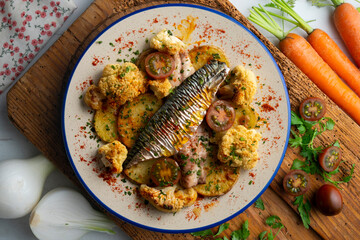 baked mackerel with braised cauliflower and cherry tomatoes. top view table.