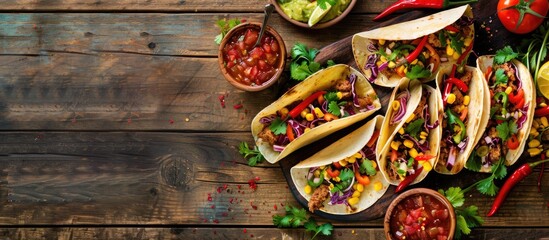 Poster - Flat lay arrangement featuring tasty tacos on a wooden table with room for text. with copy space image. Place for adding text or design