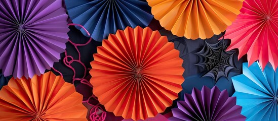 Poster - Colorful Halloween backdrop made from round paper fans A variety of paper fans adorned with golden cobwebs and stripes are layered in traditional Halloween colors. with copy space image